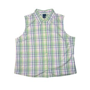 Basic Editions Womens XL Green Pink Plaid Sleeveless Button Down Top